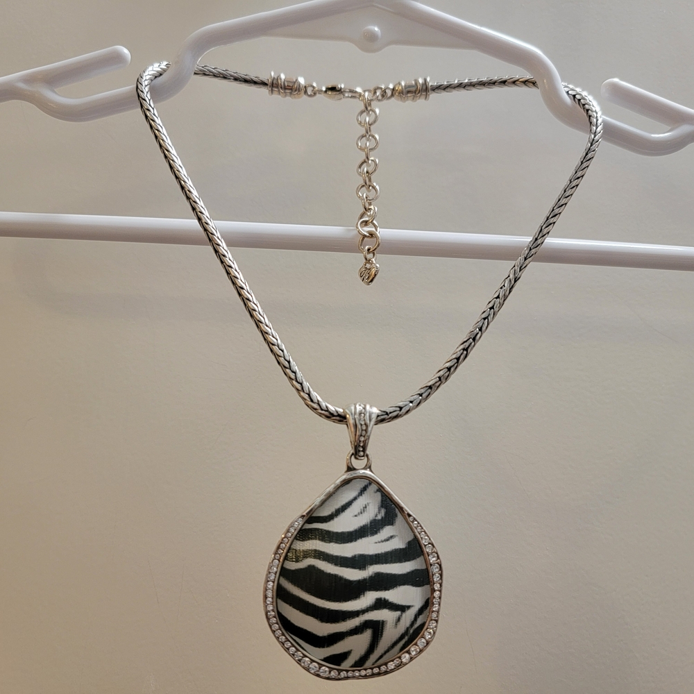 Vintage Brighton Silver Necklace, Animal Print Pendant 18" Retired Rare Zebra